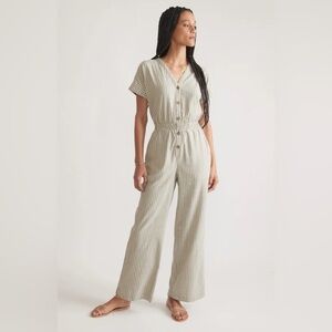 Marine Layer Cream Jumpsuit with Elastic Waist and Collared Neckline